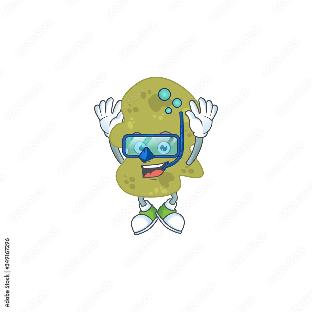 Obraz premium cartoon drawing concept of verrucomicrobia wearing cool Diving glasses ready to swim