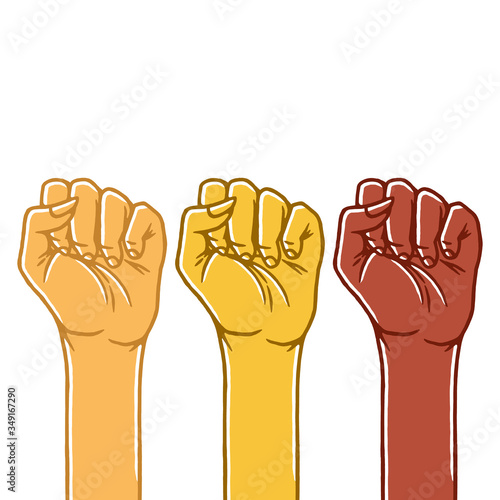 Woman's hands with her fist raised up. Girl Power. Feminism Concept on white background isolated. Stock Vector Illustration.