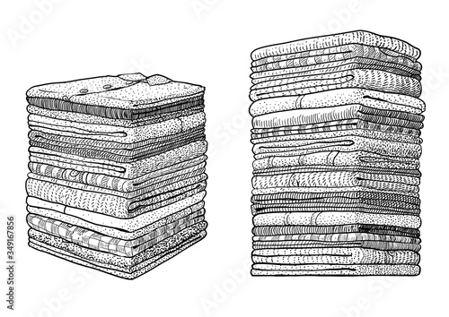Stack of folded illustration, drawing, engraving, ink, line art, vector