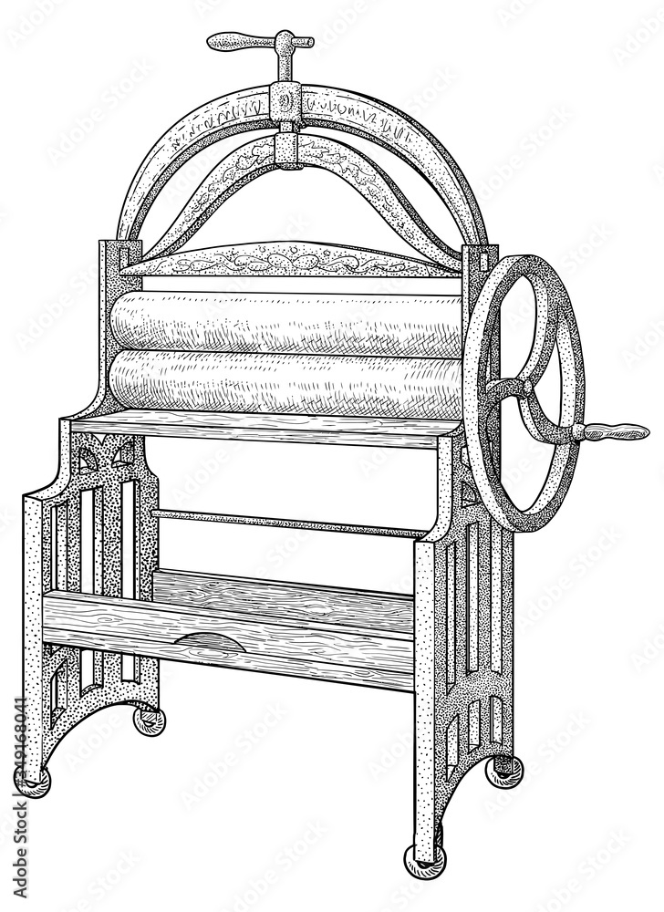 Vintage laundry mangle illustration, drawing, engraving, ink, line art