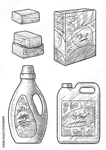 Plastic bootle, washing powder, soap, detergent, illustration, drawing, engraving, ink, line art, vector
