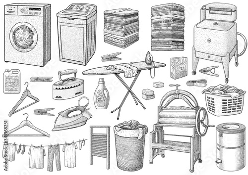 Laundry collection, equipment, illustration, drawing, engraving, ink, line art, vector