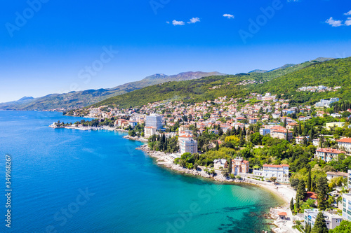 Croatia, Adriatic coast, beautiful town of Opatija, popular tourist resort, coastline aerial view, Kvarner bay