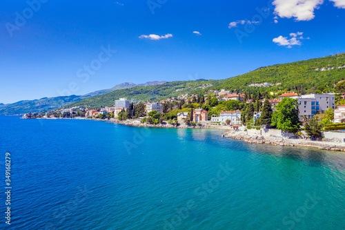 Croatia, Adriatic coast, beautiful town of Opatija, popular tourist resort, coastline aerial view, Kvarner bay