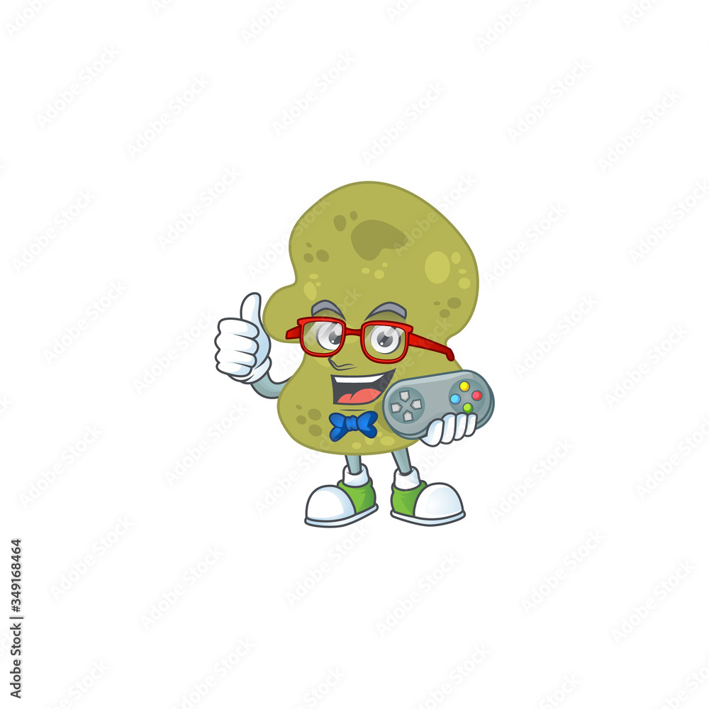 Cartoon mascot design of verrucomicrobia play a game with controller