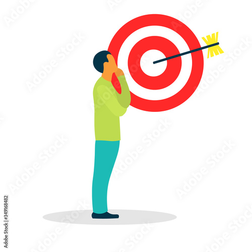 Male character with smm symbols. representative of 
successful business social media marketing compaing. Man 
looks thoughtfully at target. Cute vector illustration in flat style. 