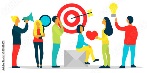 smm successful team. group of people with symbols social media marketing. Customer attraction and promotion network concept. Male and female characters for web. Cute vector illustration in flat style.