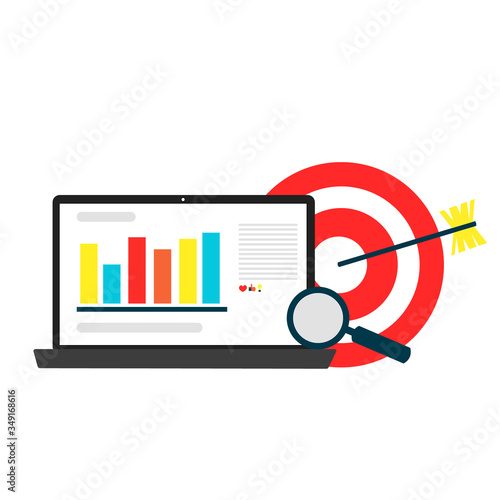 Social media concept. 
composition of smm objects - laptop with web rating, target and magnifier. Cute vector illustration in flat style for web banner or landing page. 
