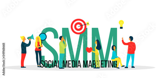 smm successful team. group of people with symbols social media marketing. Customer attraction and promotion network concept. Male and female characters for web. Cute vector illustration in flat style.