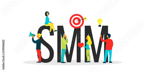 smm successful team. group of people with symbols social media marketing. Customer attraction and promotion network concept. Male and female characters for web. Cute vector illustration in flat style.