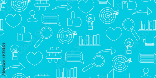 smm seamless pattern. Sign and icon for social media marketing on multi-colored square. News feed in online network. Cute illustration in flat style.