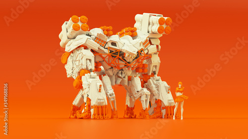 Futuristic AI Battle Droid Cyborg Mech White an Orange with Female Handler Quarter Right View 3d illustration 3d render © paul