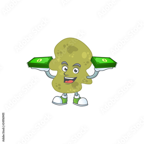 A cheerful verrucomicrobia cartoon mascot design having some money on hands photo