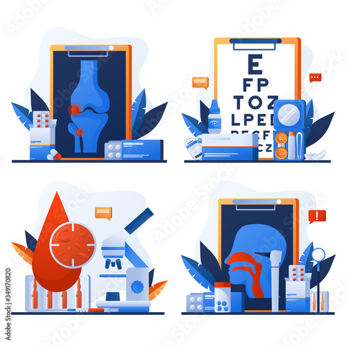 Set of hematology, otolaryngology, ophthalmology, traumatology web banner. Lab assistance, donation bag, medical office, test tube. Respiratory medicine. Pharmacy, drugs and pills. Optical eyes test.
