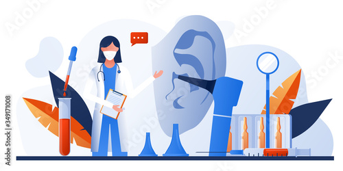 Otolaryngology tools. Ear doctor. Vector illustration. Medical office equipment. Deaf awareness. Medical check up patient ear. Doctor in face mask use otoscope, reflector, pharmacy banner, flyer
