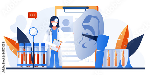 Otolaryngology tools. Ear doctor. Vector illustration. Medical office equipment. Deaf awareness. Medical check up patient ear. Doctor in face mask use otoscope, reflector, pharmacy banner, flyer