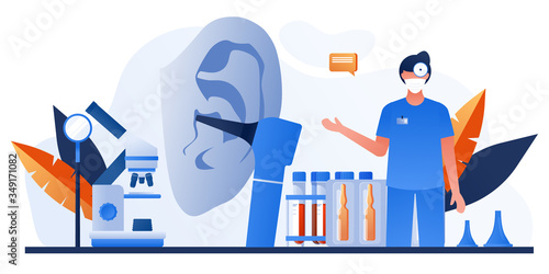Otolaryngology tools. Ear doctor. Vector illustration. Medical office equipment. Deaf awareness. Medical check up patient ear. Doctor in face mask use otoscope, reflector, pharmacy banner, flyer