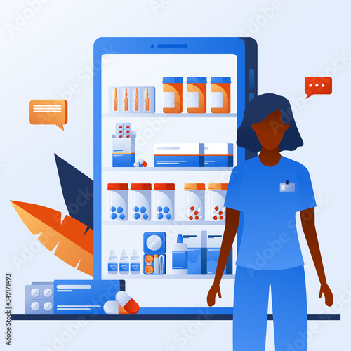 Doctor on smartphone screen talking with patient via mobile phone. Mobile web app for online consultation with therapist. Aids, tele medicine infographic. Online pharmacy order from drugstore.