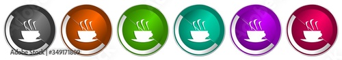 Coffee icon set, silver metallic chrome border vector web buttons in 6 colors options for webdesign