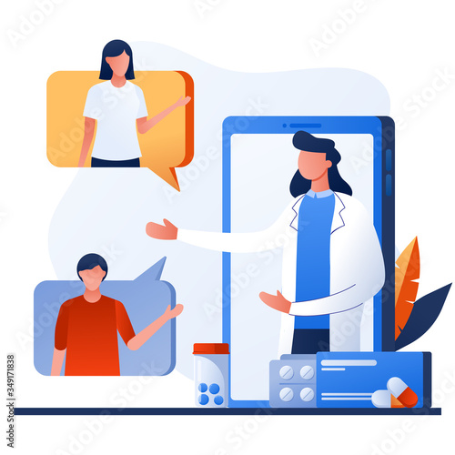 Doctor on smartphone screen talking with patient via mobile phone. Mobile web app for online consultation with therapist. Aids, tele medicine infographic. Online pharmacy order from drugstore.