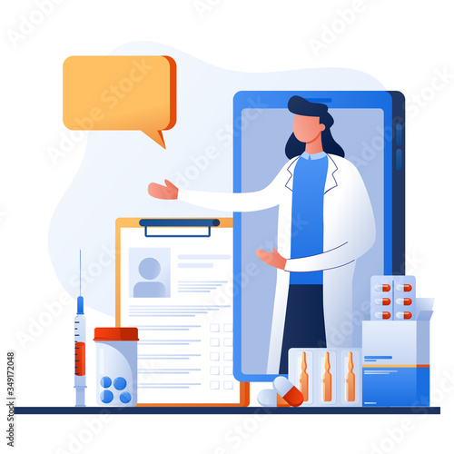 Doctor on smartphone screen talking with patient via mobile phone. Mobile web app for online consultation with therapist. Aids, tele medicine infographic. Online pharmacy order from drugstore.