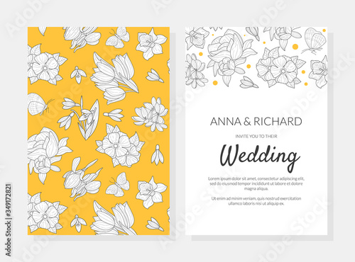 Wedding Invitation Card Template with Spring Flowers Seamless Pattern and Space for Text Vector Illustration