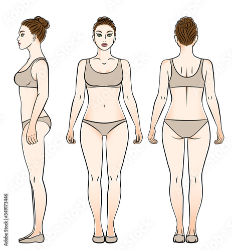 Women body in underwear view from front, side and back.