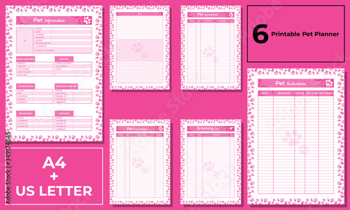 Minimalist pet information,pet appointment, pet medications, pet vaccinations, grooming log, pet planner templates vector paper A4, US Letter, AI and EPS 10
