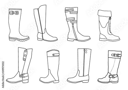 Hand drawn Boots, Footwear for rainy weather, vector illsutrations collection
