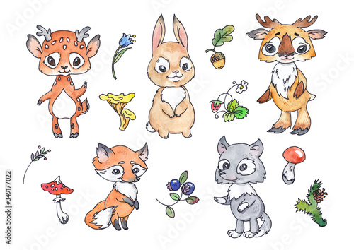 Watercolor cartoon cute forest animals. Children's hand drawings. Colored kids sika deer, hare, rabbit, elk, fox, wolf, wild plants and mushrooms. Decor for greeting cards and teaching aids and books.