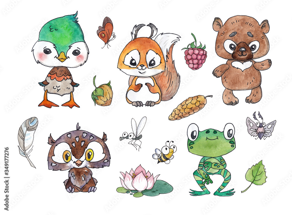 Watercolor cartoon cute forest animals and birds. Children's hand drawings.  Colored babies duck, drake, squirrel, bear, owl, frog, toad, wild plants  and insects. Decor for greeting cards and tutorials Stock Illustration |