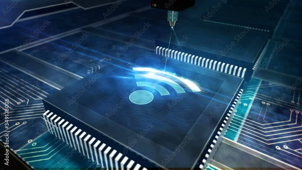 Wi-fi wireless communication network. 5G, mobile, digital networking technology concept production line abstract 3d rendering loopable seamless animation. Processor factory with laser burning symbol. Wi-fi wireless communication network. 5G, mobile, digital networking technology concept production line abstract 3d rendering loopable seamless animation. Processor factory with laser burning symbol.