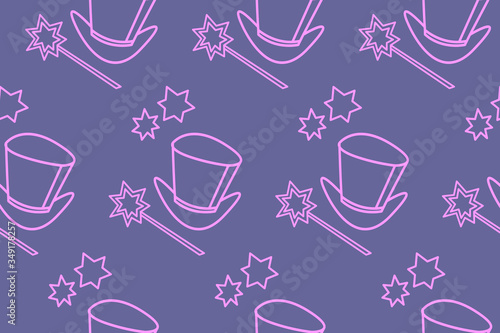 Seamless pattern with Icon, symbol of a magician, wizard or conjurer. Top hat, shiny magic wand. Blue purple pink vector texture. Party poster, advertising, banner, placard design template