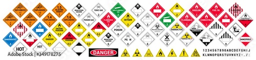 Vector hazardous material signs. Globally Harmonized System warning signs. All classes. Hazmat isolated placards. GHS photo