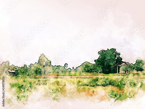 Abstract colorful shape on tree and field landscape in Thailand watercolor illustration painting background. © Watercolor_Concept