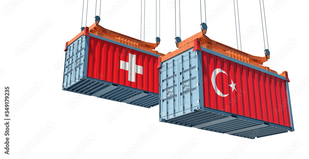 Shipping containers with Switzerland and Turkey flag. 3D Rendering 