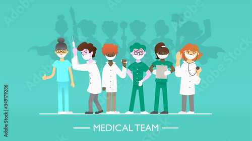 Set of Doctors Characters with Superhero Shadow. Medical Face Mask, Hero Cloaks. Stop Coronavirus COVID-19 Сoncept. Flat Vector Illustration. EPS 10