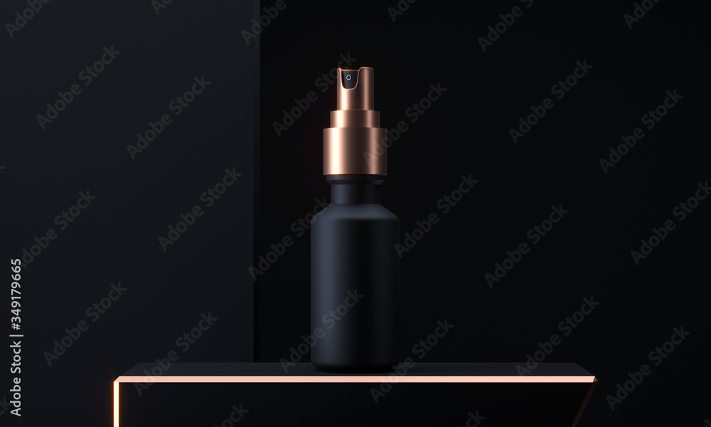 Black and gold spray bottle mock up, blank container with spraying mist in 3d illustration on black background