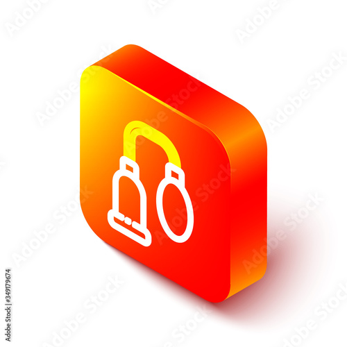 Isometric line Penis pump icon isolated on white background. Penis enlarger. Sex toy for men. Vacuum pump with a blower to increase the penis. Orange square button. Vector