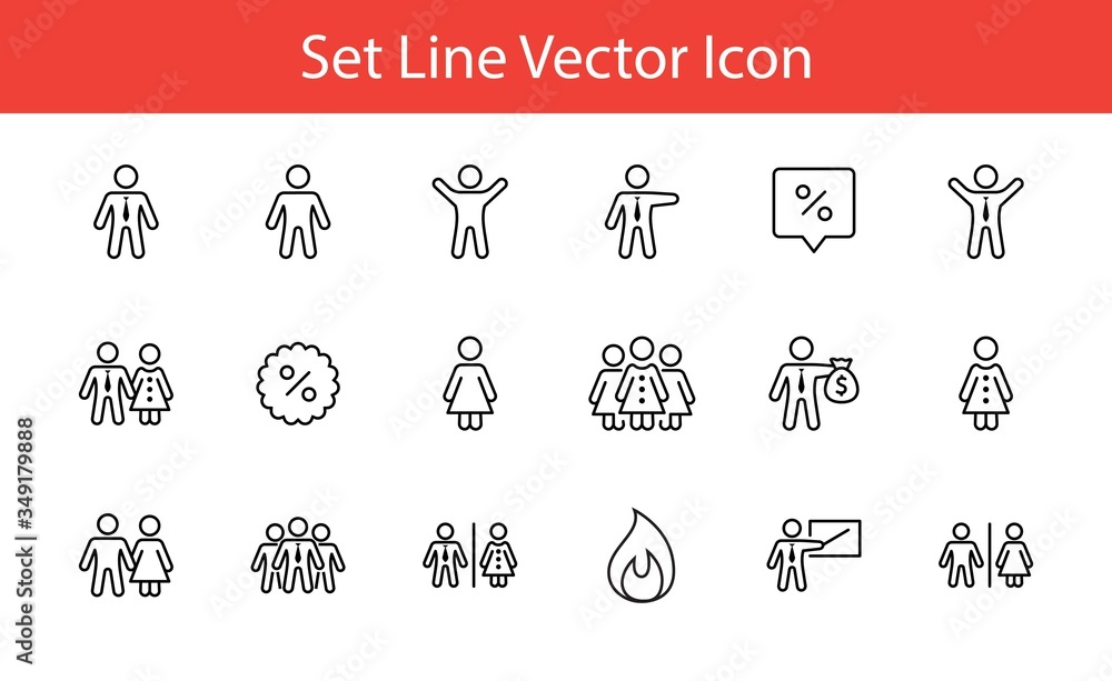 Set of people vector line icons. It contains the symbols of a man, a woman, a family, a toilet, a businessman, a teacher, and much more. Editable Stroke. 32x32 pixels.