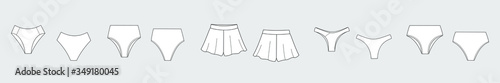 Lingerie briefs, underpants. Set of female vector template isolated on a grey background. Front and back view. Outline fashion technical sketch of clothes model.
