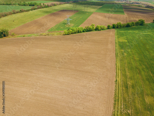 Aerial drone photo of cereal farm land during spring time.