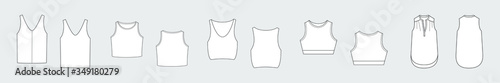Female tank top vector template set isolated on a grey background. Front and back view. Outline fashion technical sketch of clothes model.