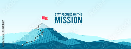 Flag on the mountain peak. Business concept of goal achievement or success. Flat style vector illustration