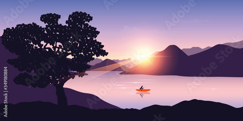 lonely canoeing adventure with orange boat at sunrise on the lake vector illustration EPS10
