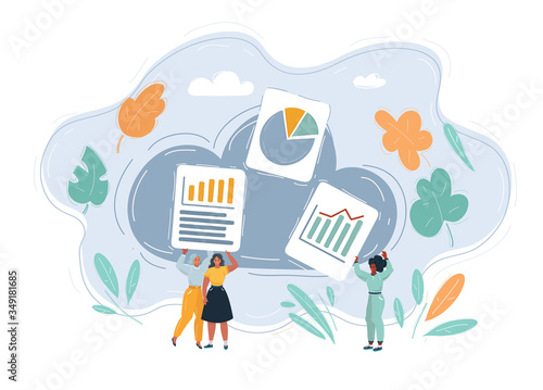 Vector illustration of saving files. Group of people using cloud storage service