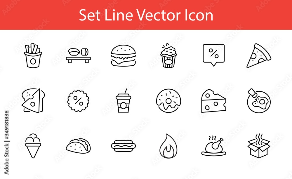 Set of Foods, Drinks Related Vector Line Icons. Contains such Icons as Pizza, Fries, Egg, Meat, Sushi, Chicken, Hamburger, Ice Cream, Donut, Soup, Sandwich, eggs and more. Editable Stroke. 32x32 Pixel