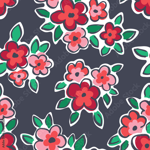 Colorful Hand Drawn Artistic Naive Daisy Flowers on Grey Background Vector Seamless Pattern. Blob Blooms, Paint Floral Print. Expressive Outlines, Organic Large Scale Simplistic Retro Fashion Design