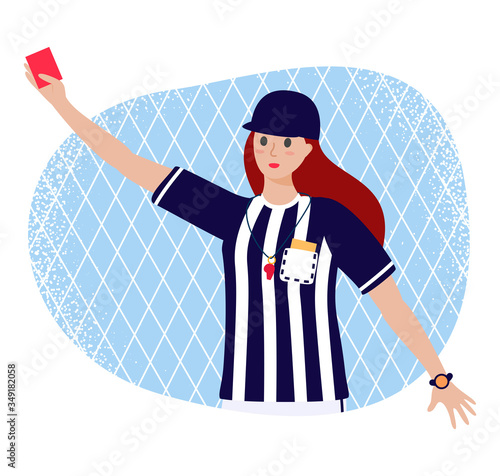 Cartoon flat girl referee in judge uniform with red card in hand - Vector stock illustration isolated on white background.
