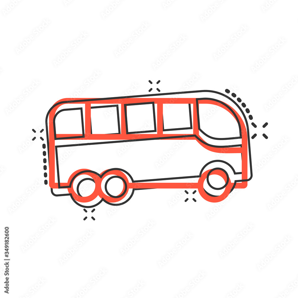 Bus icon in comic style. Coach cartoon vector illustration on white  isolated background. Autobus vehicle splash effect business concept. Stock  Vector | Adobe Stock